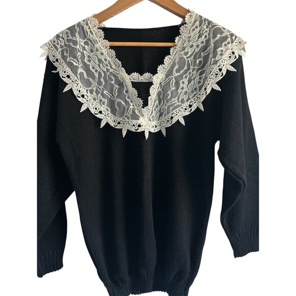 Vintage USA Black V Neck Cottagecore Lace Bib Collar Sweater - Picture 2 of 6